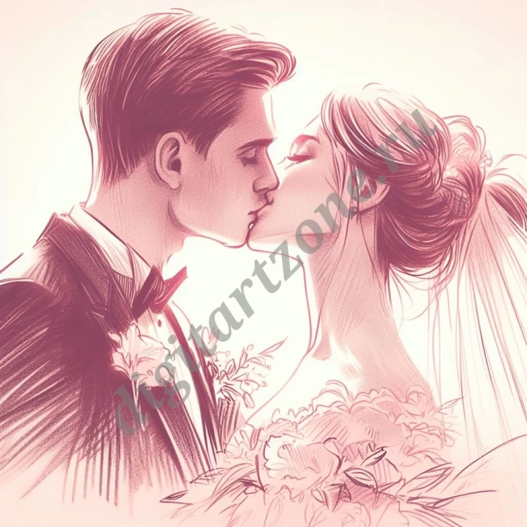 Романтичный поцелуй жениха и невесты в стиле Арт