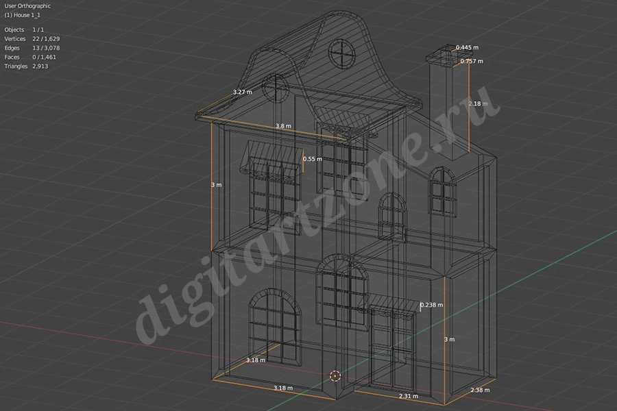 Домик два этажа и печная труба. Выполнен в программе Blender 3D.<br />
Один объект с простыми ма...