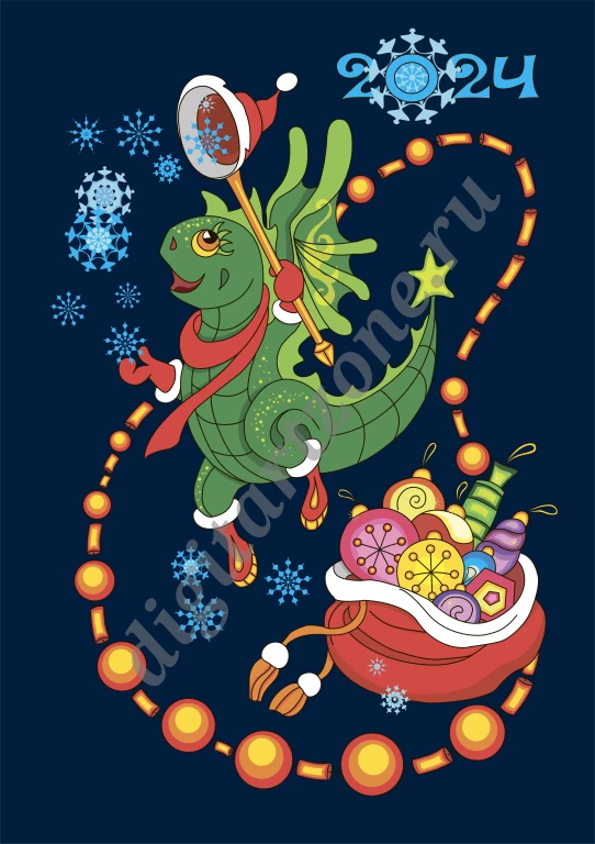Милый зелёный дракончик - символ 2024 года - весело ловит снежинки и загадывает желания... Подойд...