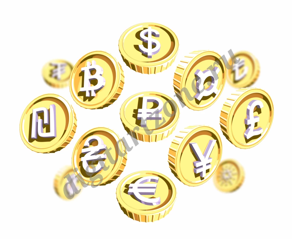 Все известные символы валют денежных и криптовалют. 3 ракурса в каждой, на прозрачном фоне. Имита...