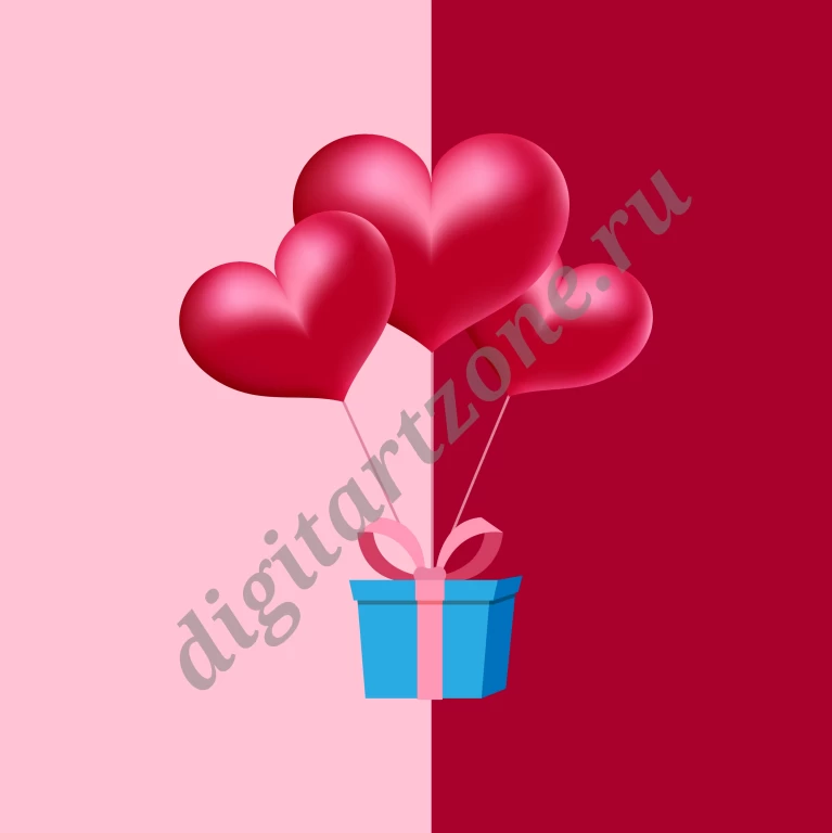 Векторная иллюстрация с тремя воздушными шарами в форме сердечек и подарочной коробкой. Комбинаци...