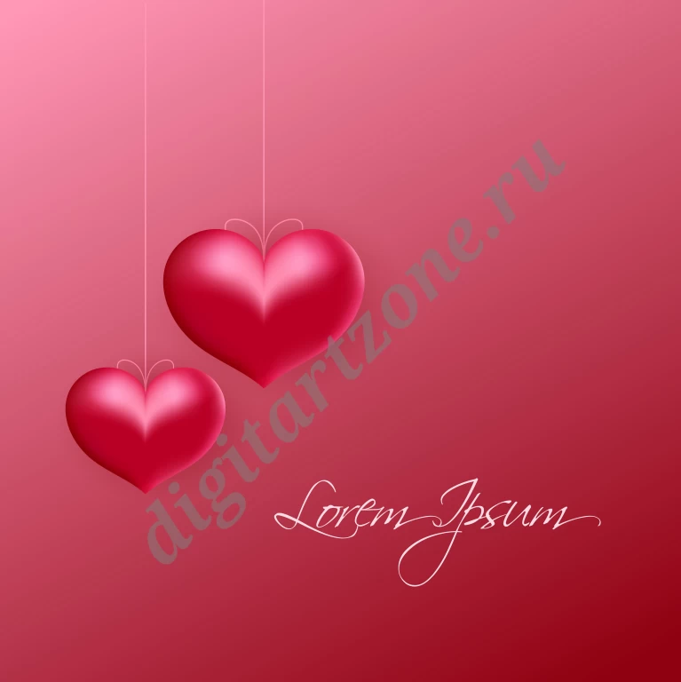 Векторная иллюстрация с двумя объемными сердечками и местом для текста на красном градиентном фоне.