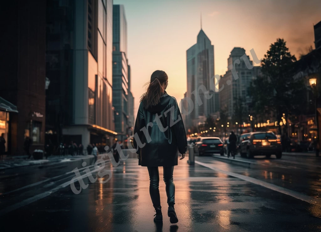 Девушка идёт по мокрой улице города на закате, окутанная мягким светом уличных фонарей.