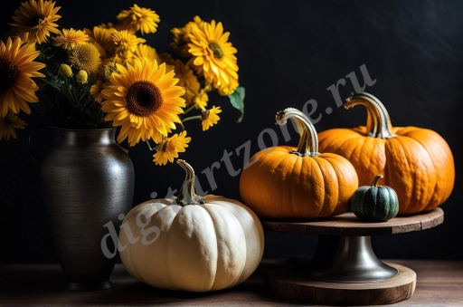 Осенний натюрморт с подсолнухами и тыквами