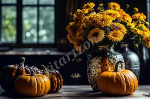 Осенний натюрморт с букетом жёлтых бархатцев и тыквами на фоне окна