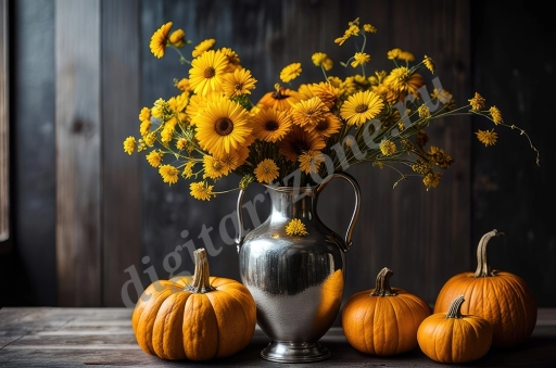 Осенние цветы в металлической вазе  и тыквы