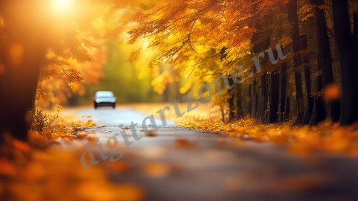 Осенний фон с  дорогой и автомобилем