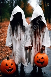 Две девочки в костюмах кровавых привидений в Хэллоуин