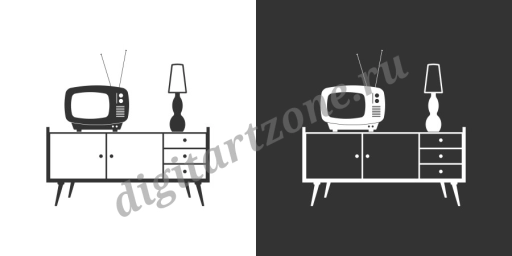 Телевизор на тумбочке с лампой. Черно-белая иконка