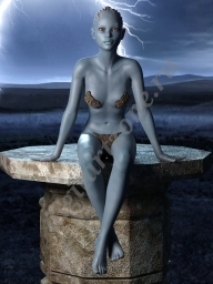 Инопланетянка, сидящая на вершине каменной колонны
