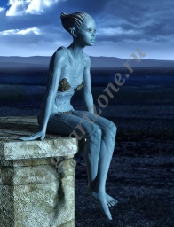 Инопланетянка, сидящая на вершине каменной плиты