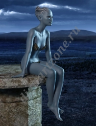 Инопланетянка, сидящая на вершине каменной колонны на фоне неба