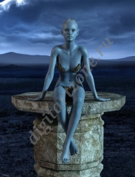 Инопланетянка, сидящая на вершине каменной колонны на фоне пейзажа