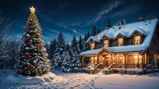 Зимний новогодний пейзаж. Картинка на Рождество.
