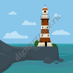 Иллюстрация маяка на скалистом берегу.