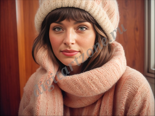 Девушка в тёплом вязанном свитере, шарфе и шапке в помещении.