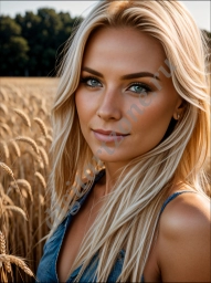 Девушка, блондинка на фоне пшеничного поля.