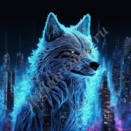 Неоновый волк в мегаполисе