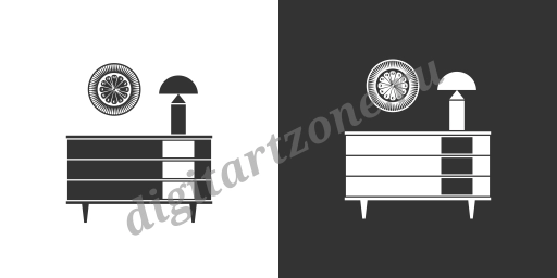 Иконка с комодом, настольной лампой и настенными часами. Чёрная и бела