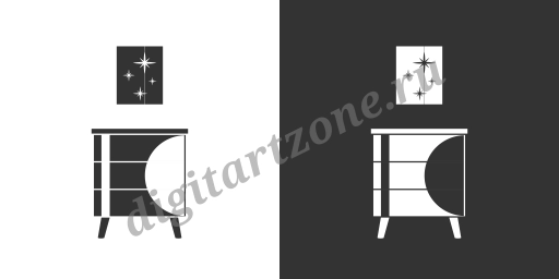 Мебельная иконка с тумбочкой и постером. Черная и белая