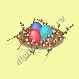 Пасхальный натюрморт, крашеные яйца, веточки вербы в плетенке.