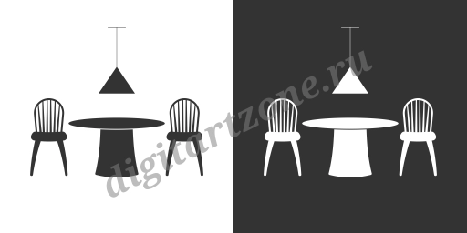 Мебельная иконка с овальным столом и двумя стульями. Чёрная и белая