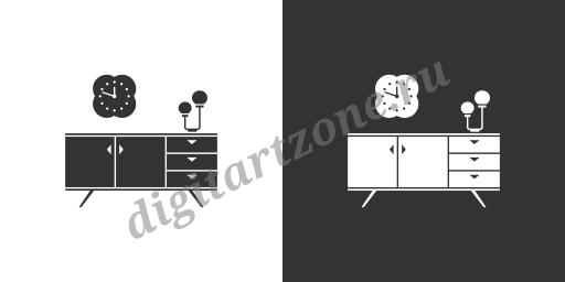 Мебельная иконка с тумбочкой, настенными часами, настольной лампой. Че