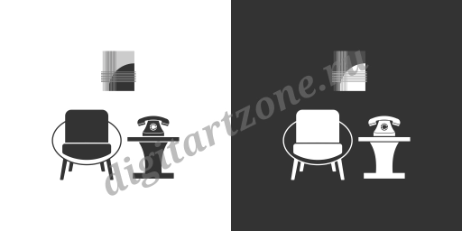 Иконка мебельного интерьера с креслом и ретро телефоном. Черная и бела