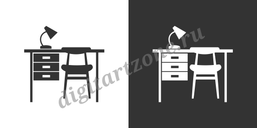 Письменный стол с лампой и стулом. Черная и белая плоская иконка
