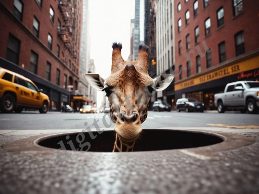 Жираф выглядывающий из канализационного люка. Дратути