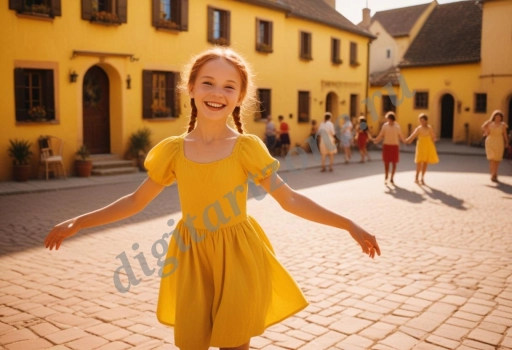 Девочка в желтом платье танцует на улице